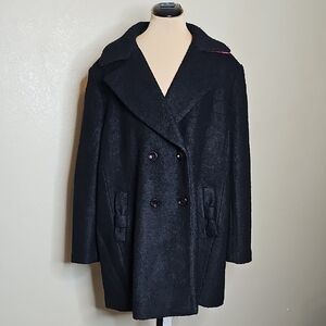 Kate Spade XXL Black Wool Blend Double Breasted Pea Coat With Bow Welt Pockets